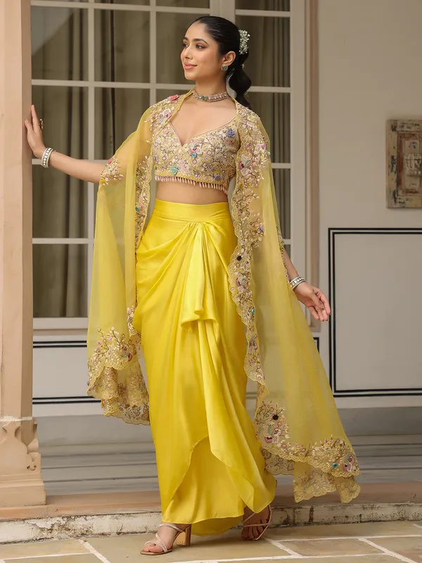 Yellow organza and satin indowestern suit