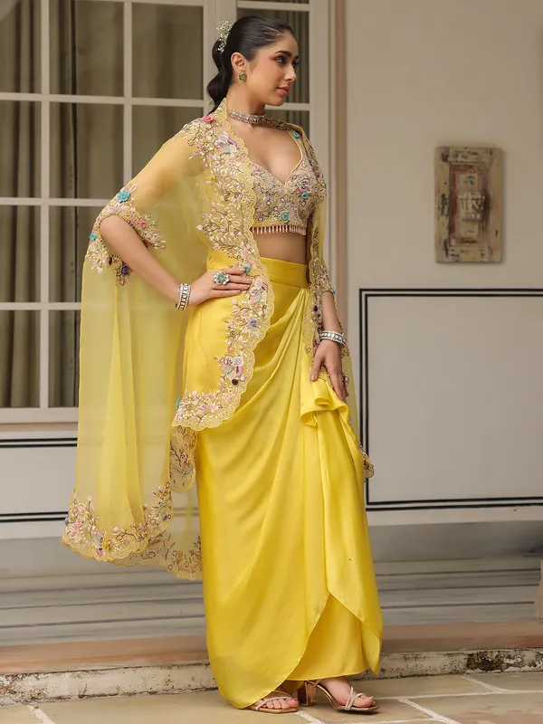 Yellow organza and satin indowestern suit