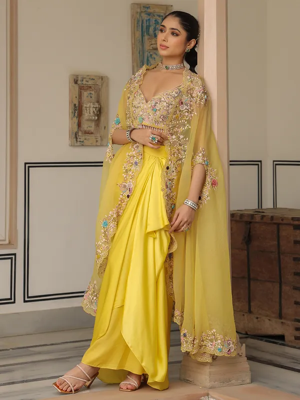 Yellow organza and satin indowestern suit