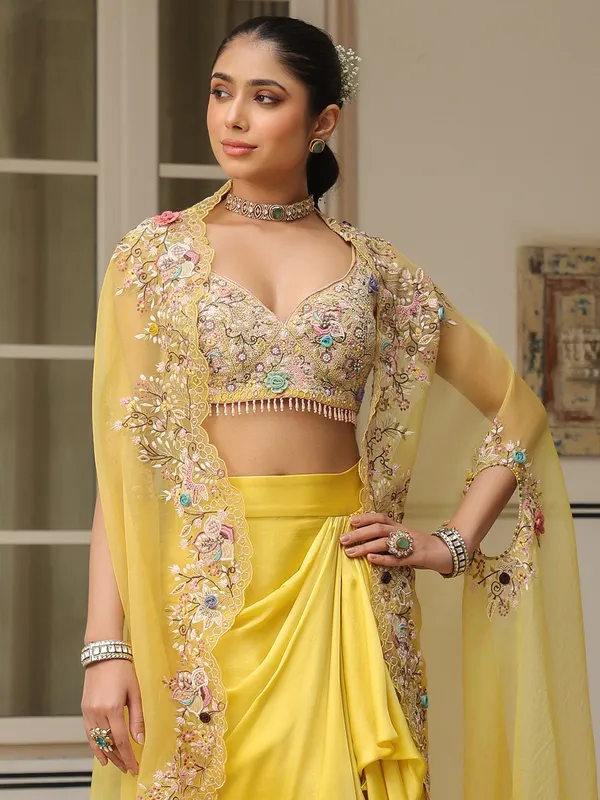 Yellow organza and satin indowestern suit