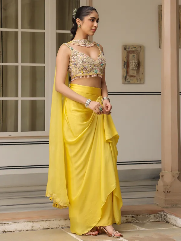 Yellow organza and satin indowestern suit for women