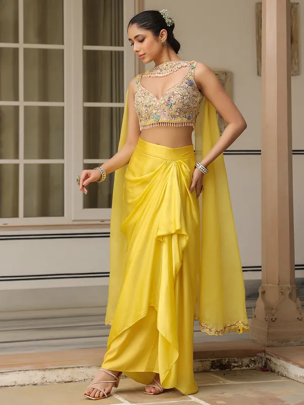 Yellow organza and satin indowestern suit for women