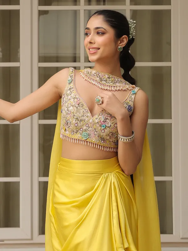 Yellow organza and satin indowestern suit for women