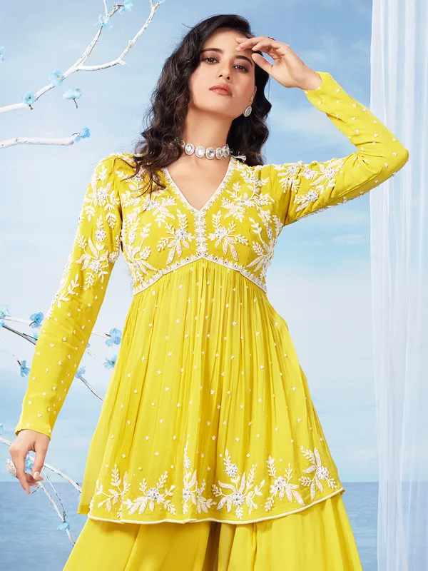Yellow palazzo salwar suit in georgette for wedding