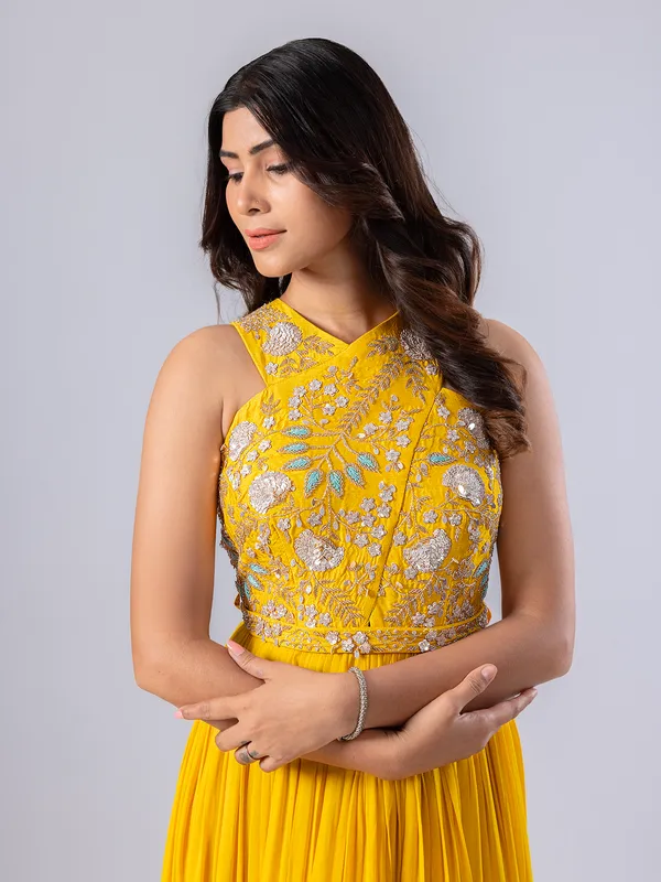 Yellow palazzo suit with beads work