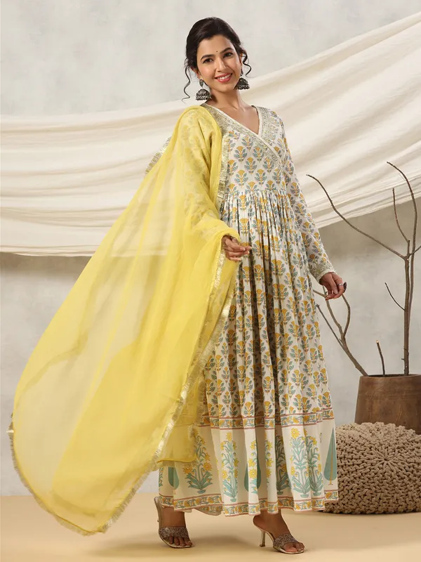 Yellow printed anarkali kurti with dupatta