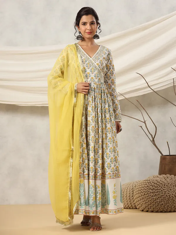 Yellow printed anarkali kurti with dupatta