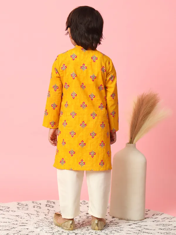 Yellow printed cotton boys kurta suit