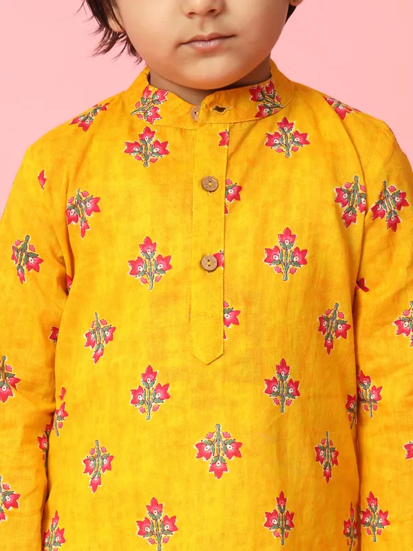 Yellow printed cotton boys kurta suit