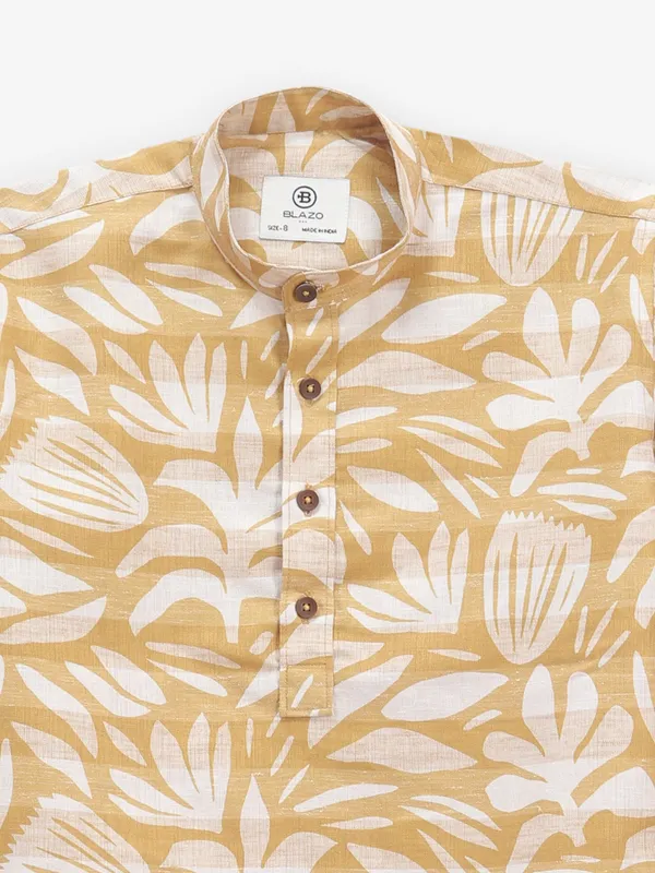 Yellow printed cotton kurta style shirt for boys