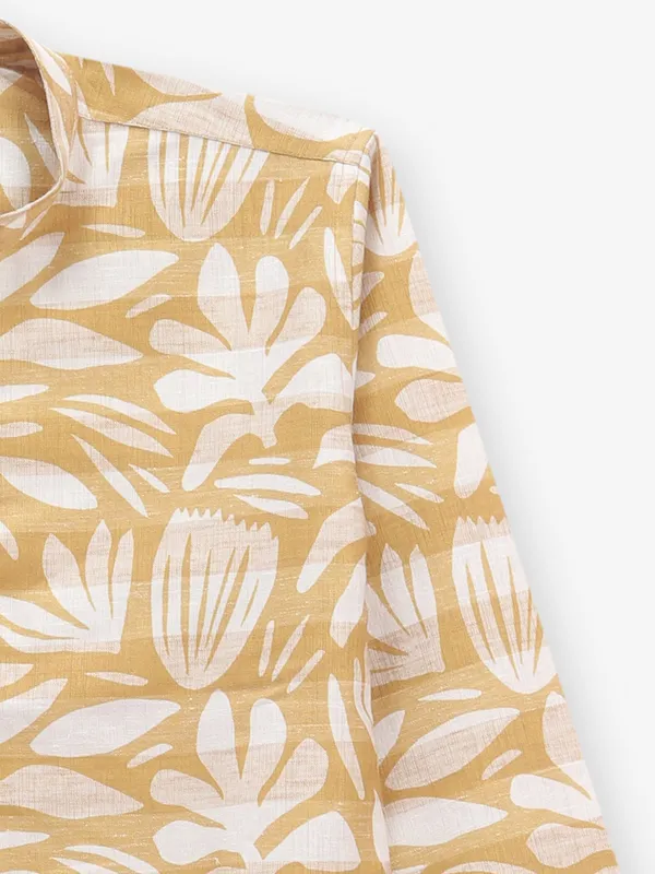 Yellow printed cotton kurta style shirt for boys