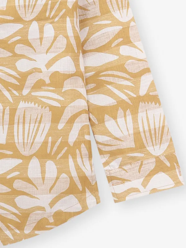 Yellow printed cotton kurta style shirt for boys