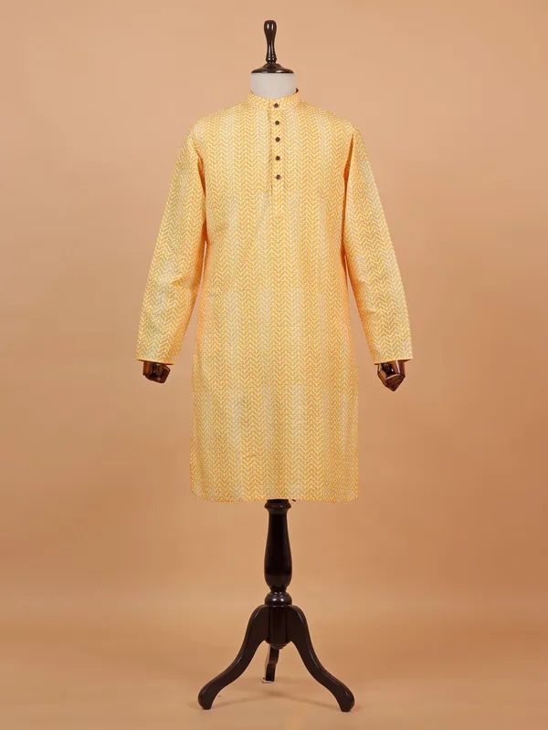 Yellow printed cotton kurta suit for men for festive