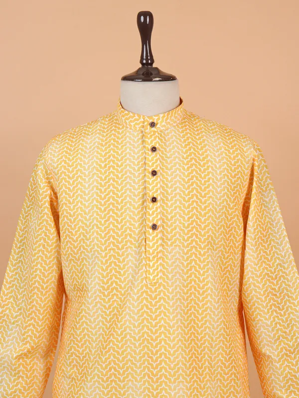 Yellow printed cotton kurta suit for men for festive