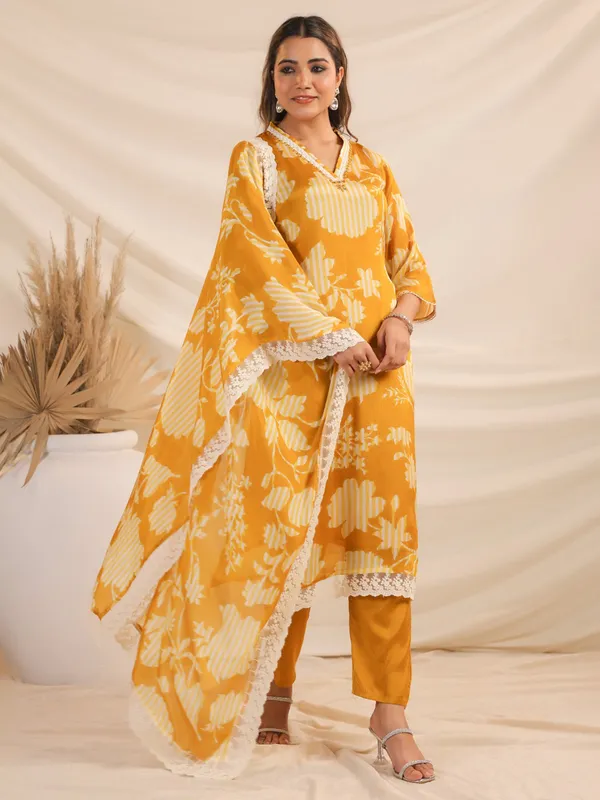 Yellow printed cotton kurti set for festival
