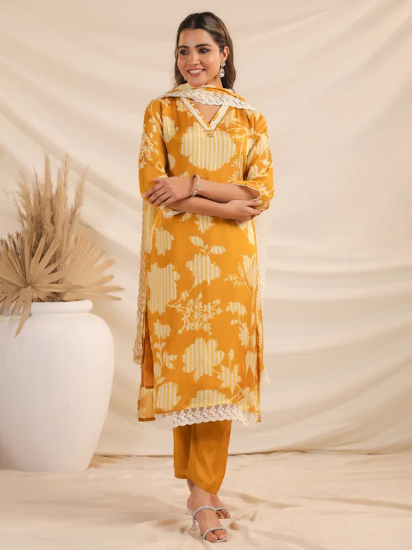 Yellow printed cotton kurti set for festival