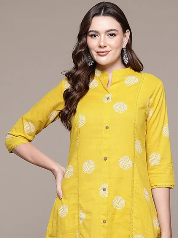 Yellow printed cotton kurti set for women
