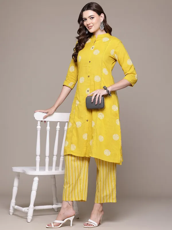 Yellow printed cotton kurti set for women