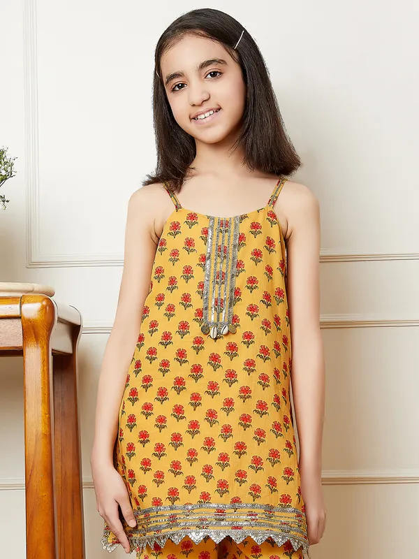Yellow printed cotton sharara suit