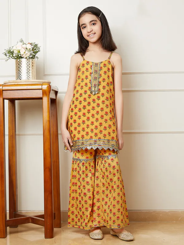 Yellow printed cotton sharara suit