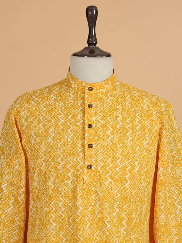 Yellow printed cotton silk kurta pajama for men