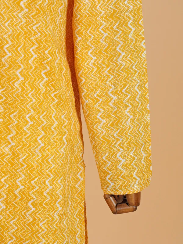 Yellow printed cotton silk kurta pajama for men
