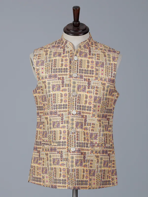Yellow printed cotton silk waistcoat for wedding wear