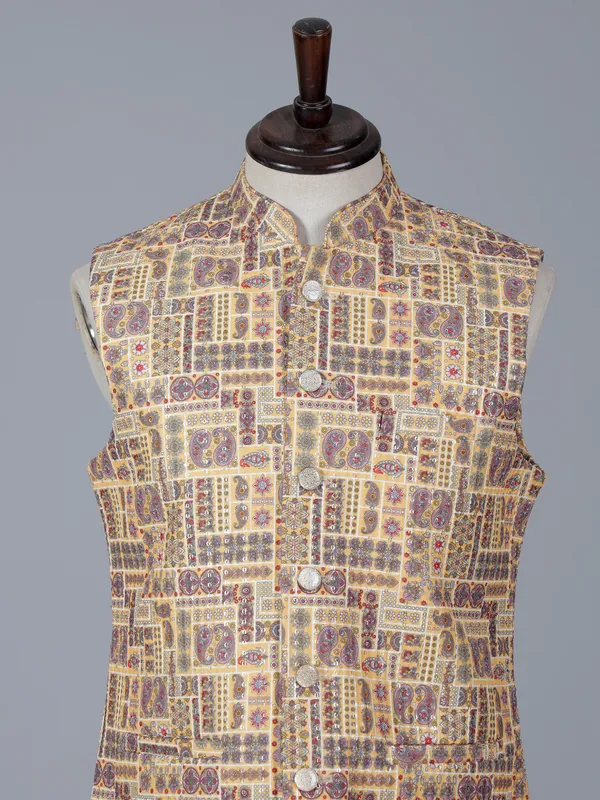 Yellow printed cotton silk waistcoat for wedding wear