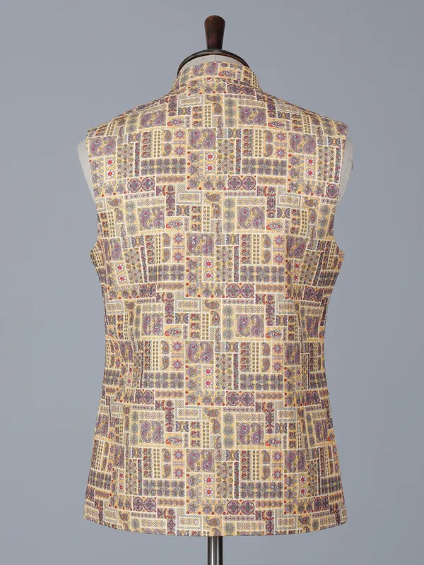 Yellow printed cotton silk waistcoat for wedding wear