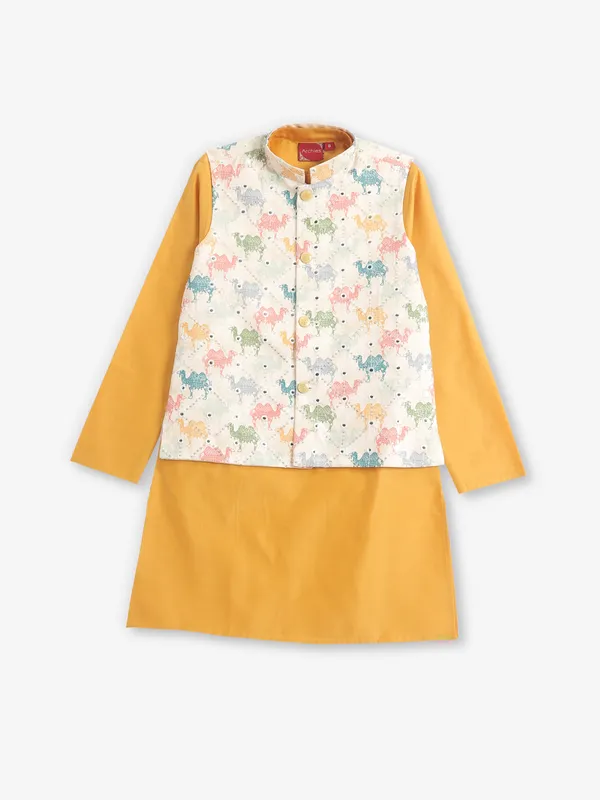 Yellow printed cotton silk waistcoat set with heavy work