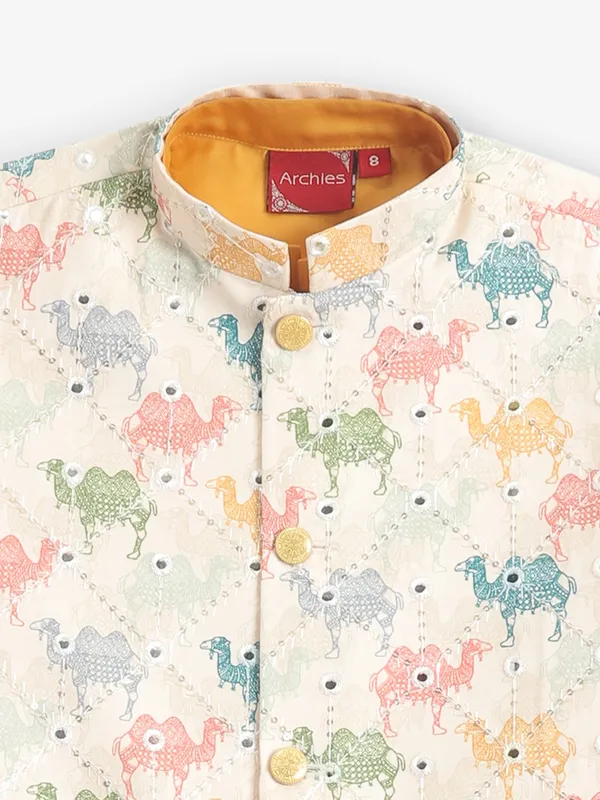 Yellow printed cotton silk waistcoat set with heavy work