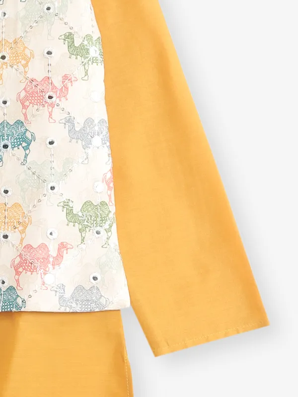 Yellow printed cotton silk waistcoat set with heavy work