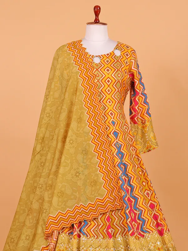 Yellow printed festive cotton silk anarkali suit