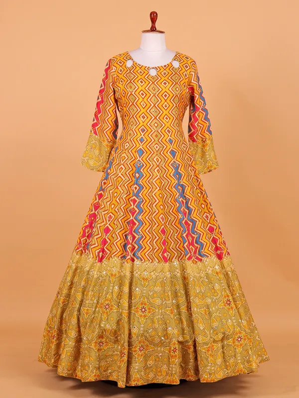 Yellow printed festive cotton silk anarkali suit
