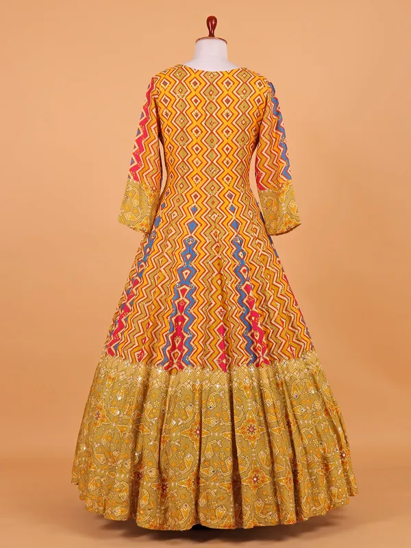 Yellow printed festive cotton silk anarkali suit