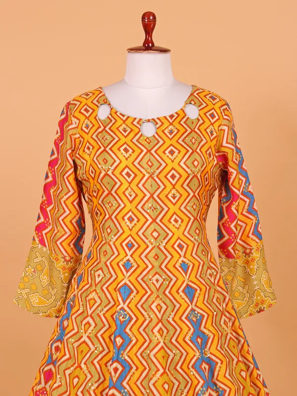 Yellow printed festive cotton silk anarkali suit