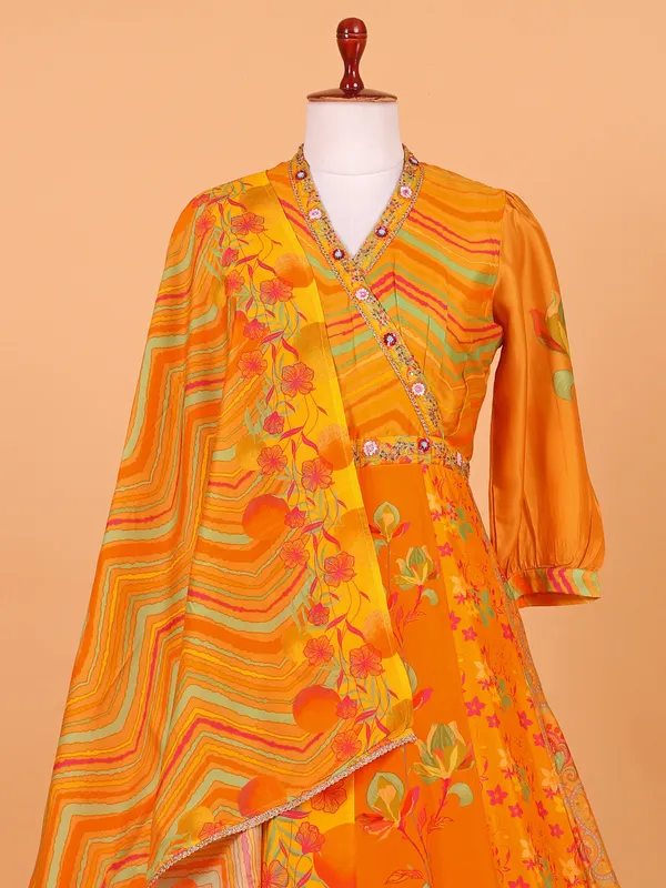 Yellow printed floor length suit for wedding