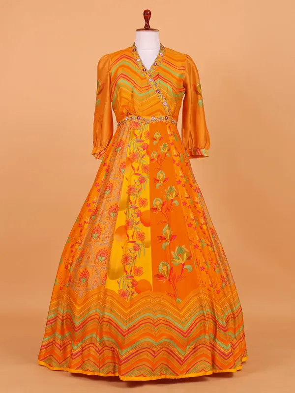 Yellow printed floor length suit for wedding