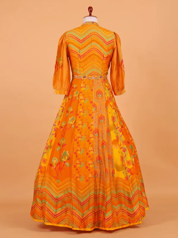 Yellow printed floor length suit for wedding