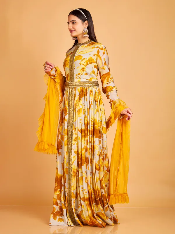 Yellow printed floor length suit in silk