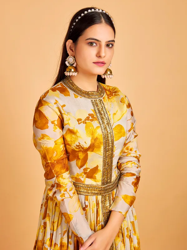 Yellow printed floor length suit in silk