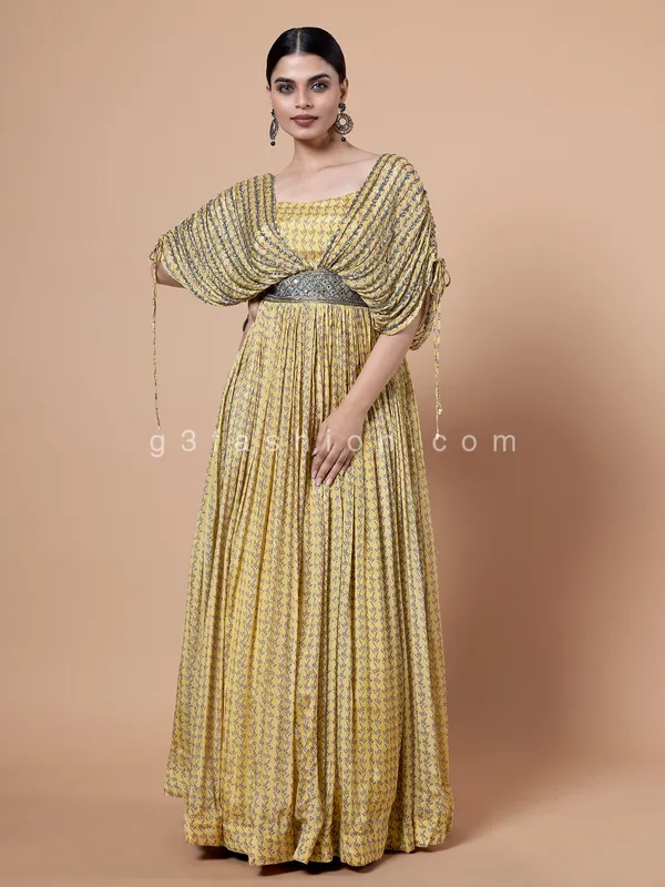 Yellow printed georgette gown