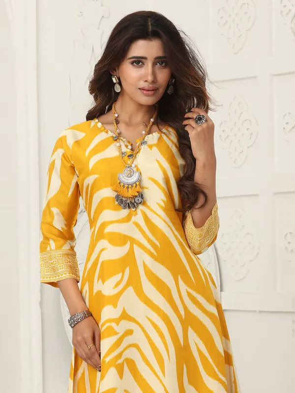 Yellow printed kurti set in russian silk