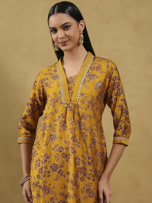 Yellow printed kurti set in soft silk