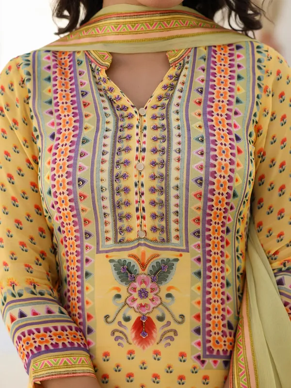 Yellow printed kurti set in viscose georgette