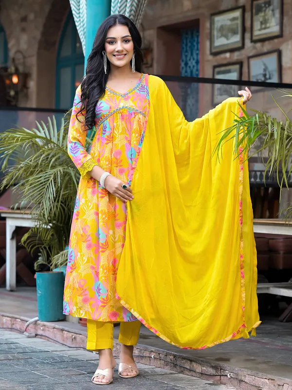 Yellow printed kurti set with dupatta