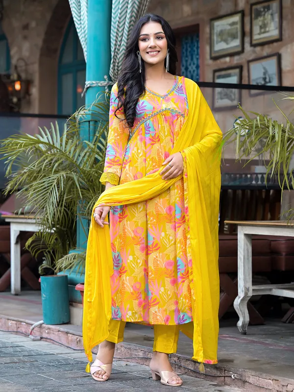 Yellow printed kurti set with dupatta