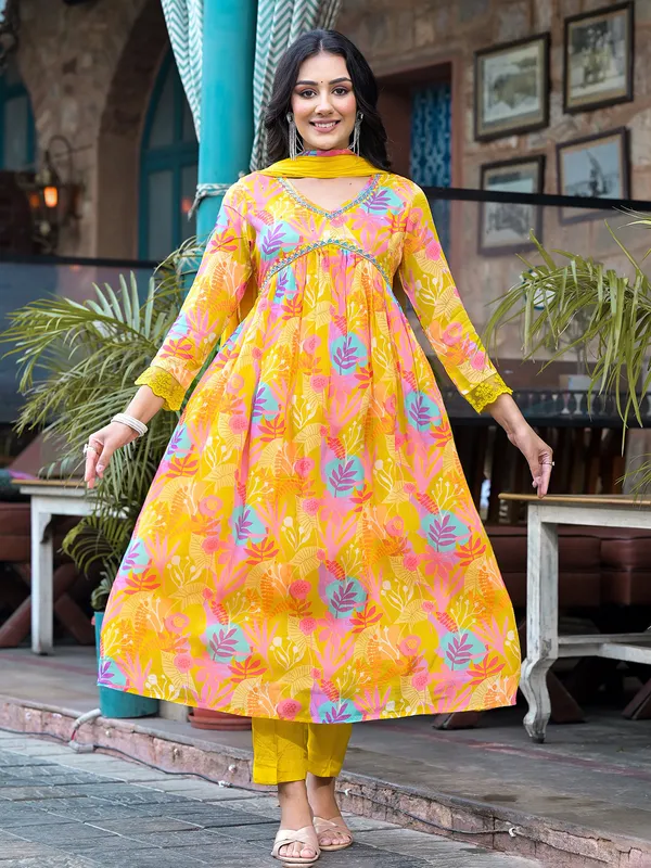 Yellow printed kurti set with dupatta