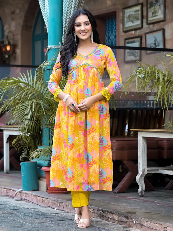 Yellow printed kurti set with dupatta