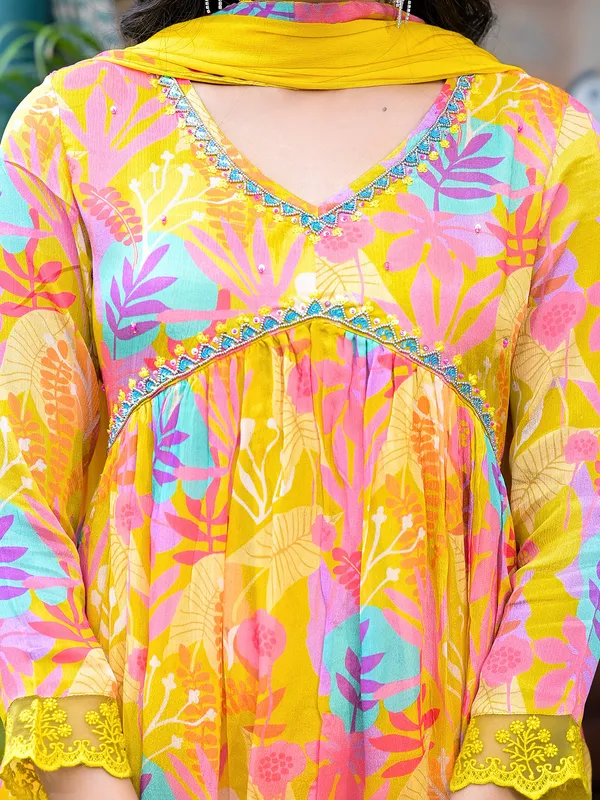 Yellow printed kurti set with dupatta